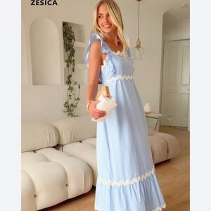 Zesica Light Blue Ruffle Trim Maxi Dress